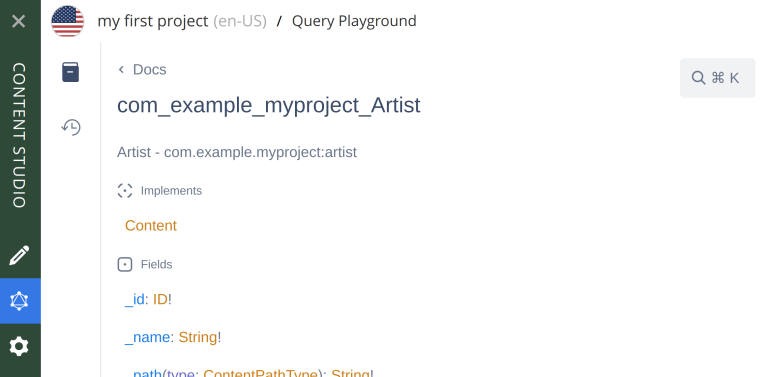 Query playground docs section showing the details of com_example_myproject_Artist schema