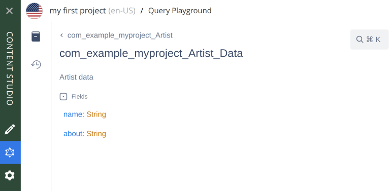 Query playground docs sections showing the details of com_example_myproject_Artist_Data schema