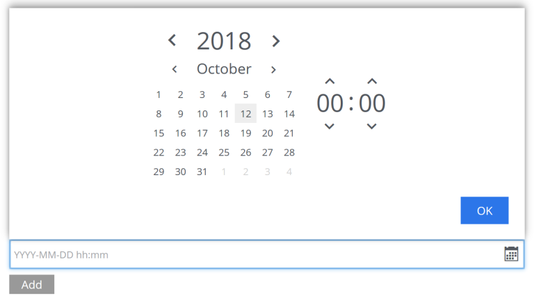 A calendar showing year and month with a time indicator to the side.