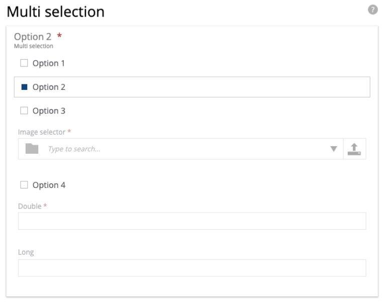 An input form labelled 'multi-selection'. The user has selected one out of four options. Some options contain extra data such as an image selector or other input fields.