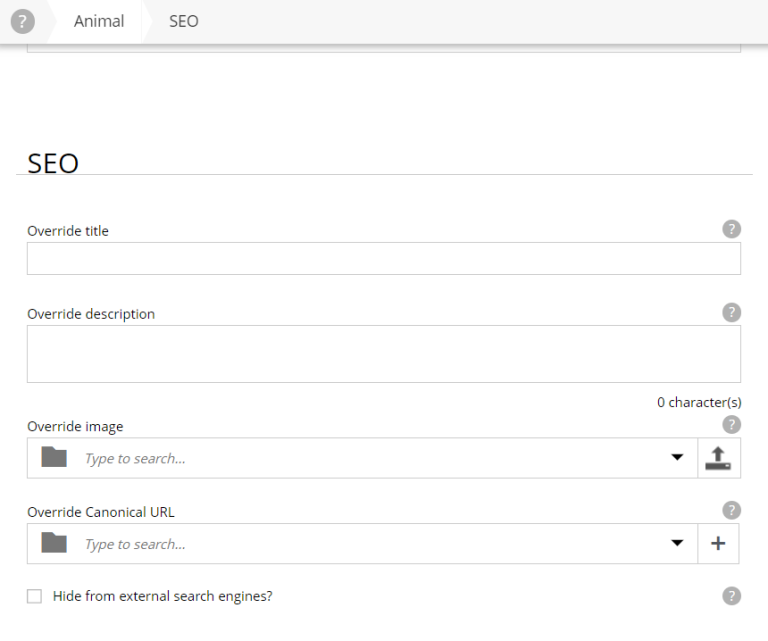 SEO fields available for the animals content type as well.