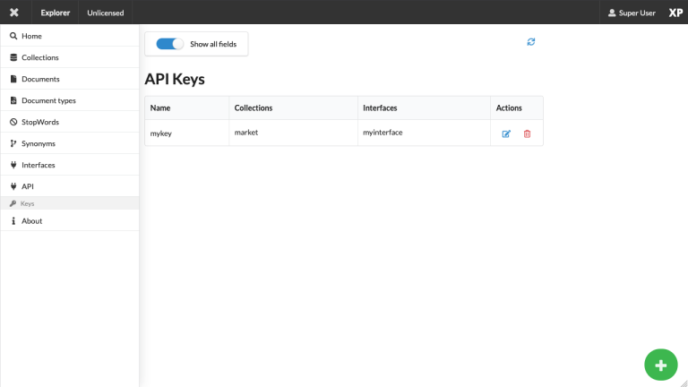 Screenshot of the API keys list view