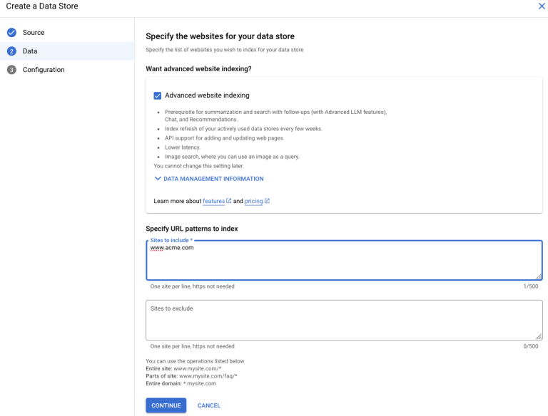 Datastore configuration form