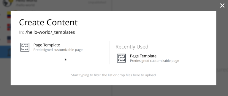 Modal showing the page template content type