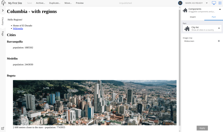 Result of adding city list part to page and configure it to show widescreen images