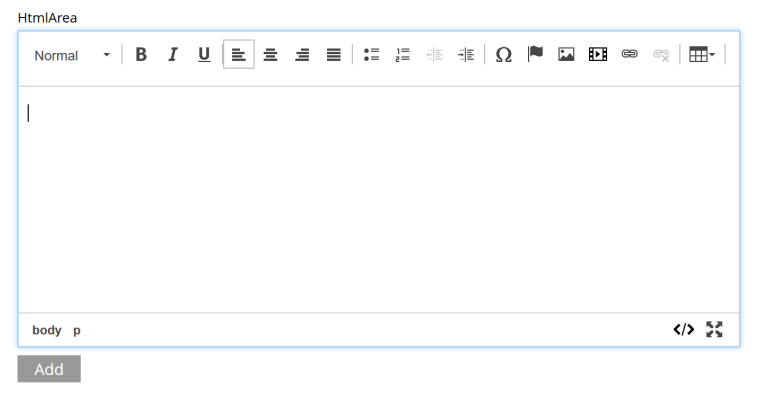 Input field with a toolbar at the top. Source and fullscreen buttons on the bottom left