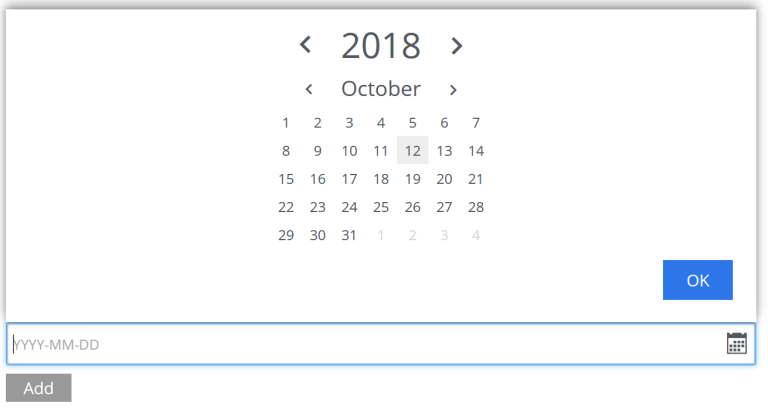 Input field with a calander above it and a blue ok button