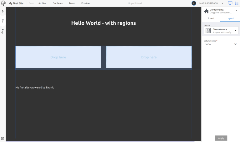 Two column layout with 50/50 config and no component in its left and right regions