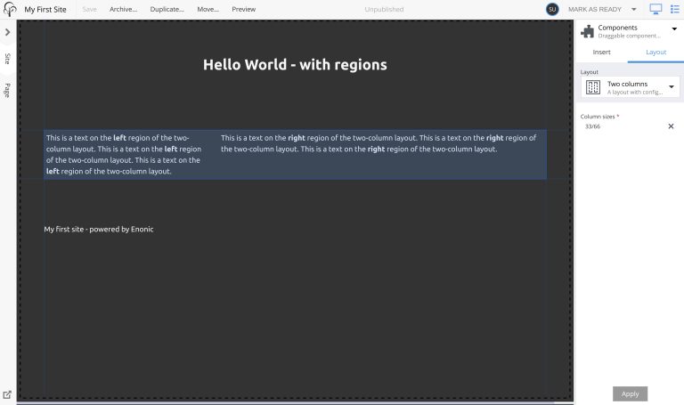 Two column layout with 33/66 config and texts on its two left and right regions