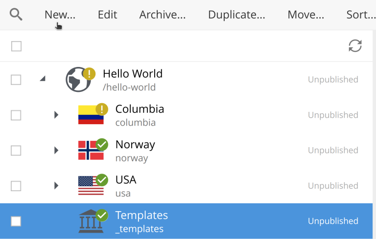 List of content types under the root site content, with the Templates highlighted
