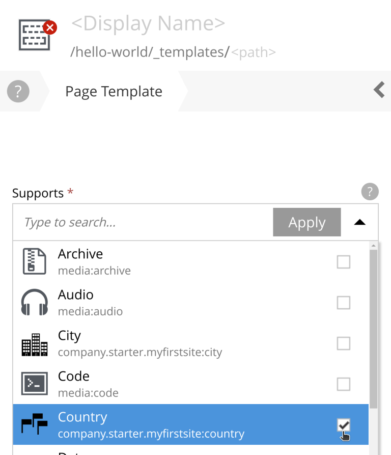 List of available content types under the support filter, with the Country content type highlighted