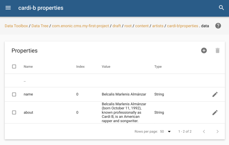 A table showing the data we stored about the artist previously.