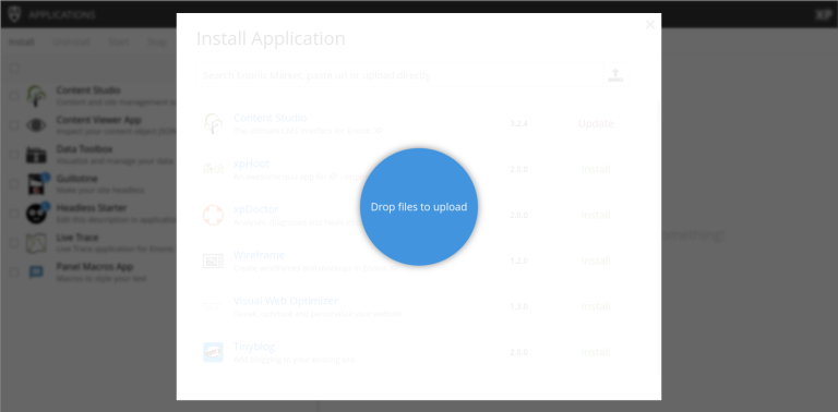 The application installation menu with a blue overlay. The overlay says 'drop files to upload'