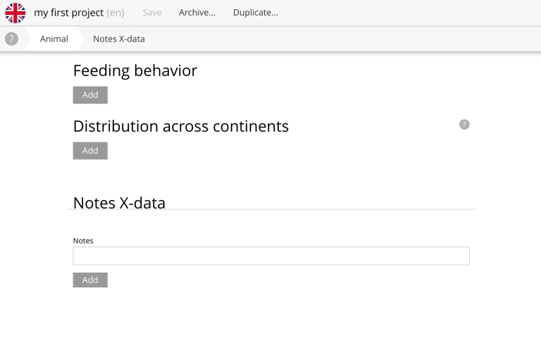 Notes x-data fields showing in the bottom of an animal content