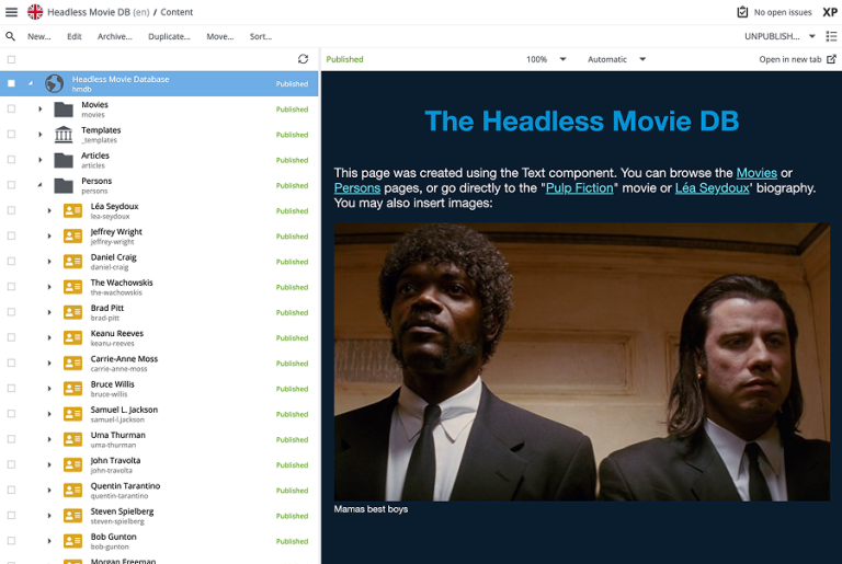 React4xp front-end rendering the Headless Movie DB r4xp demo