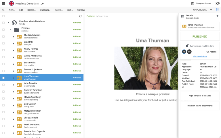 Screenshot of Content Studio showing the Uma Thurman content selected