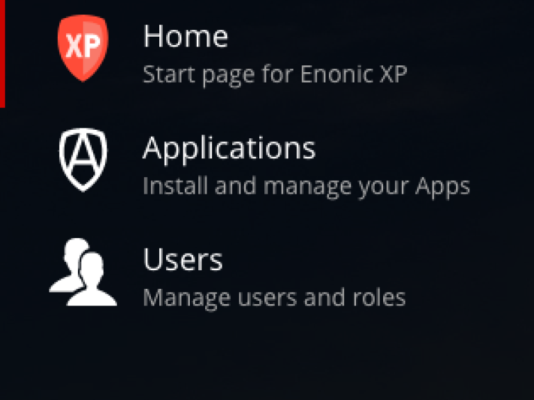 Screenshot of the main menu for Enonic XP