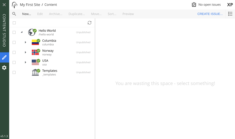 Tree structure showing countries and cities in Content Studio