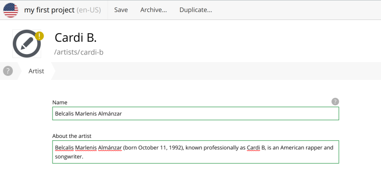 The form for "artist" fully filled out.