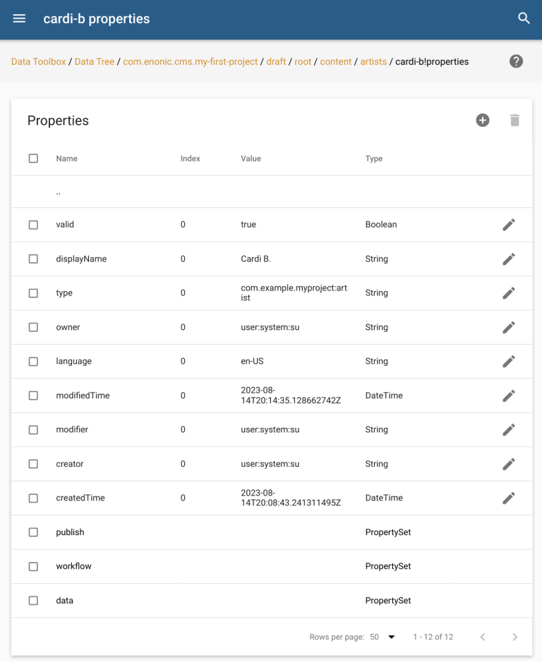 A table with columns 'name', 'index, 'value', and 'type' that describes the node. Example names are 'valid', 'type', 'displayName'.
