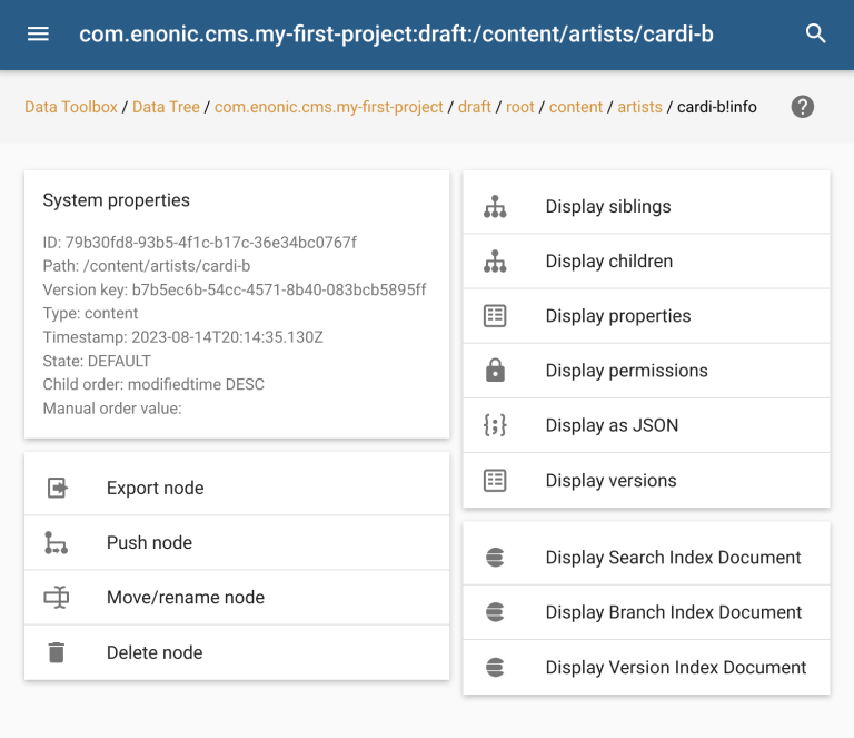 The Data Toolbox info view. the view contains options for exporting, moving, and deleting the node, as well as for displaying permissions for the node, versions of the node, and indexing data (and much more).