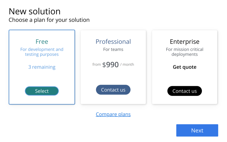 Enonic cloud welcome page with 3 plans