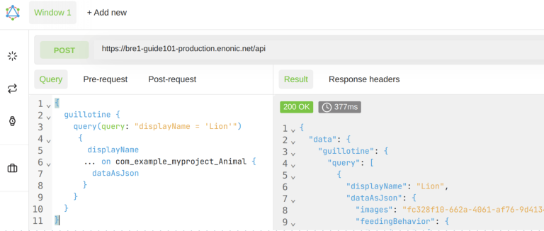 Altair GraphQL client querying Lion animal data on the "/api" route defined on cloud console