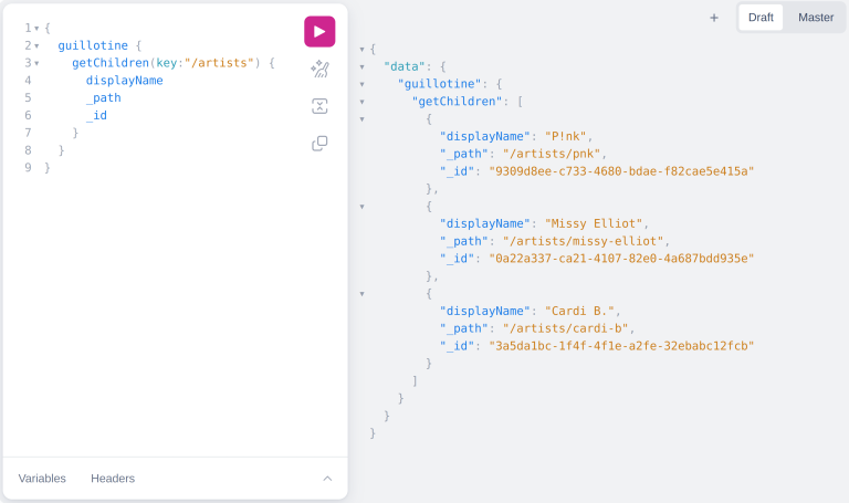 Query playground response of running mimimal query to retrieve artists