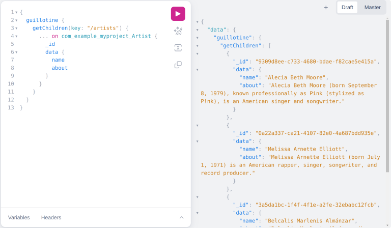 Query playground query returning artists content together with its name and about data