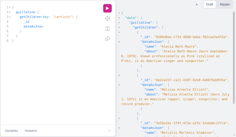 Query playground query returning artists content together with is name and about data - using dataAsJson field