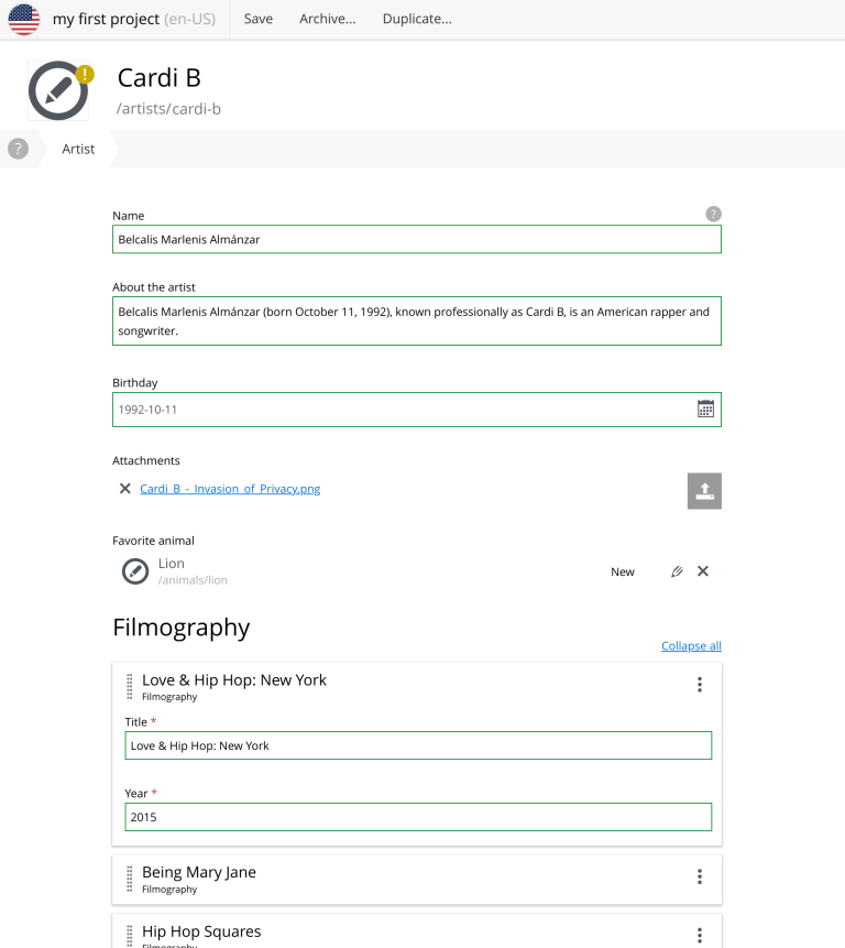 An example of using the Filmography item set.