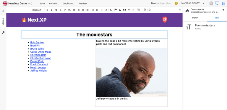 Layout combined with part and text components layout part text