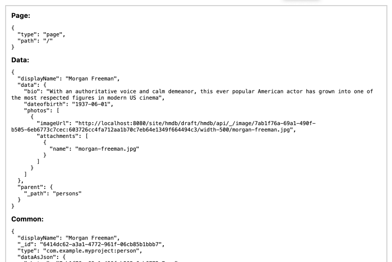 Page showing data props for Morgan Freeman content item morgan freeman props