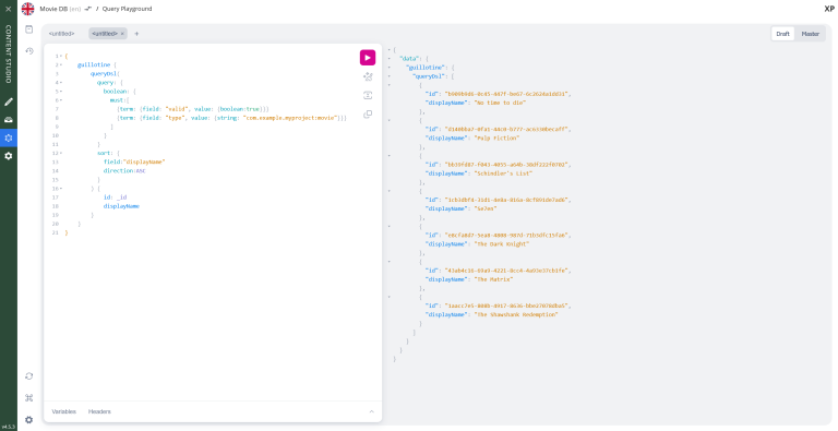 Running a query for movies in Query Playground content studio basic query