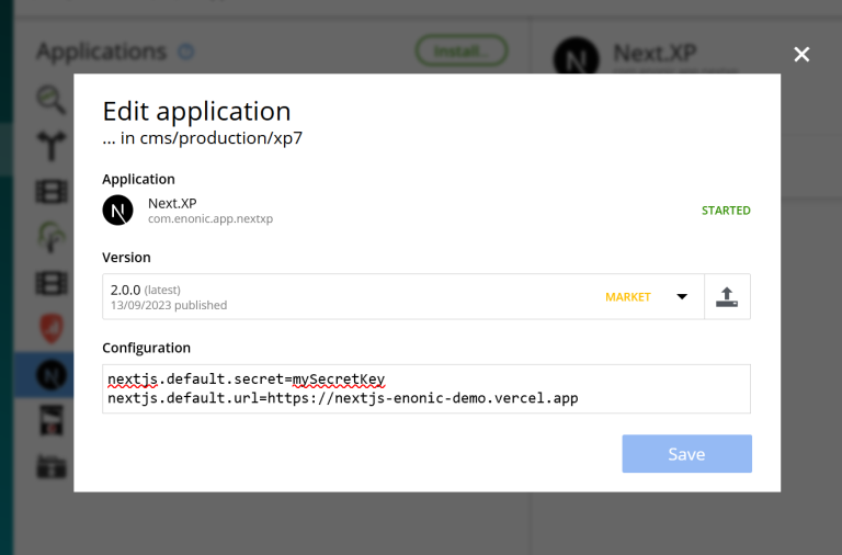 Add the Next.XP application to the site. cloud next app config