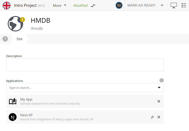 Add the Next.XP application to the site. content studio add nextxp