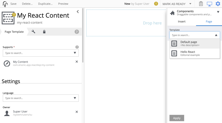 Using a Template to connect a content type to a page controller in Content Studio. template edit